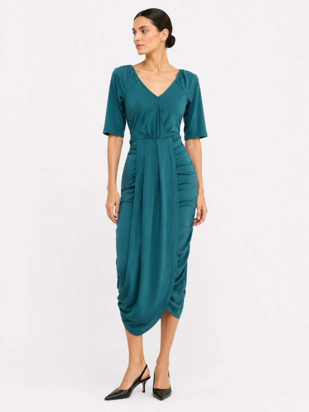 VOODOO VIXEN GEORGINE EMERALD RUCHED FAUX WRAP V-NECK BODYCON DRESS - XS